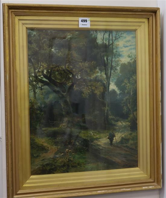 Leopold Rivers (1850-1905), oil on canvas, wooded landscape, with figure walking on a track, 50 x 39cm